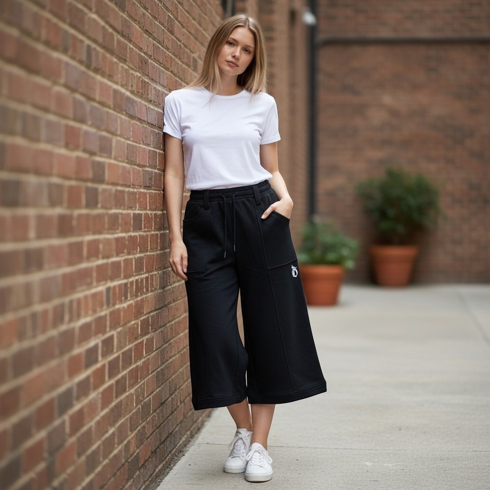 DIGITS culottes women XS black wide leg crop capri drawstring sweatpants shorts